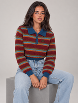 Women's Cropped Striped Polo Jumper | Quarter Zip Retro Knit