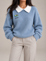 Women's Contrast Collar Jumper | Embroidered Crew Neck Knit