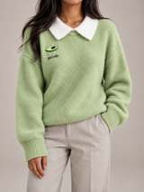 Women's Contrast Collar Jumper | Embroidered Crew Neck Knit