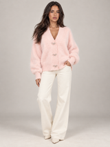 Women's Fluffy Knit Cardigan | Bow Button V-Neck Sweater