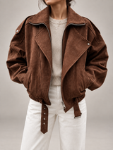 Women's Oversized Suede Jacket | Belted Zip Up Bomber Coat