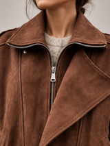 Women's Oversized Suede Jacket | Belted Zip Up Bomber Coat