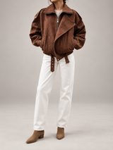 Women's Oversized Suede Jacket | Belted Zip Up Bomber Coat