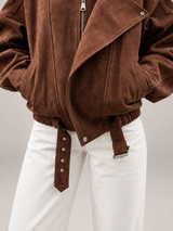 Women's Oversized Suede Jacket | Belted Zip Up Bomber Coat
