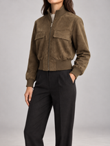 Women's Suede Bomber Jacket | Stand Collar Zip Up Coat