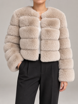 Women's Faux Fur Cropped Jacket | Collarless Panelled Coat