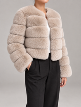 Women's Faux Fur Cropped Jacket | Collarless Panelled Coat