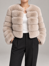 Women's Faux Fur Cropped Jacket | Collarless Panelled Coat