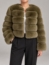 Women's Faux Fur Cropped Jacket | Collarless Panelled Coat