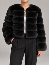 Women's Faux Fur Cropped Jacket | Collarless Panelled Coat
