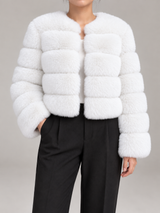 Women's Faux Fur Cropped Jacket | Collarless Panelled Coat