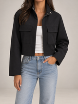 Women's Cropped Utility Jacket | Stand Collar Patch Pocket Coat