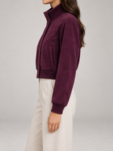 Women's Suede Cropped Bomber Jacket | Zip Up Stand Collar