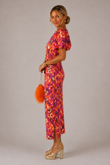 Women's Puff Sleeve Ruched Midi Dress