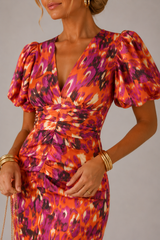 Women's Puff Sleeve Ruched Midi Dress