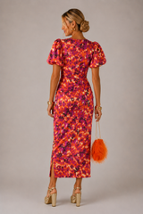 Women's Puff Sleeve Ruched Midi Dress