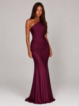 Women's One Shoulder Draped Satin Maxi Dress