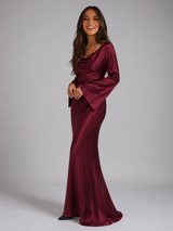 Women's Satin-Feel Long Sleeve Maxi Dress
