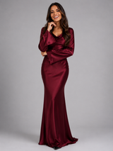 Women's Satin-Feel Long Sleeve Maxi Dress