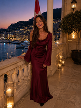 Women's Satin-Feel Long Sleeve Maxi Dress
