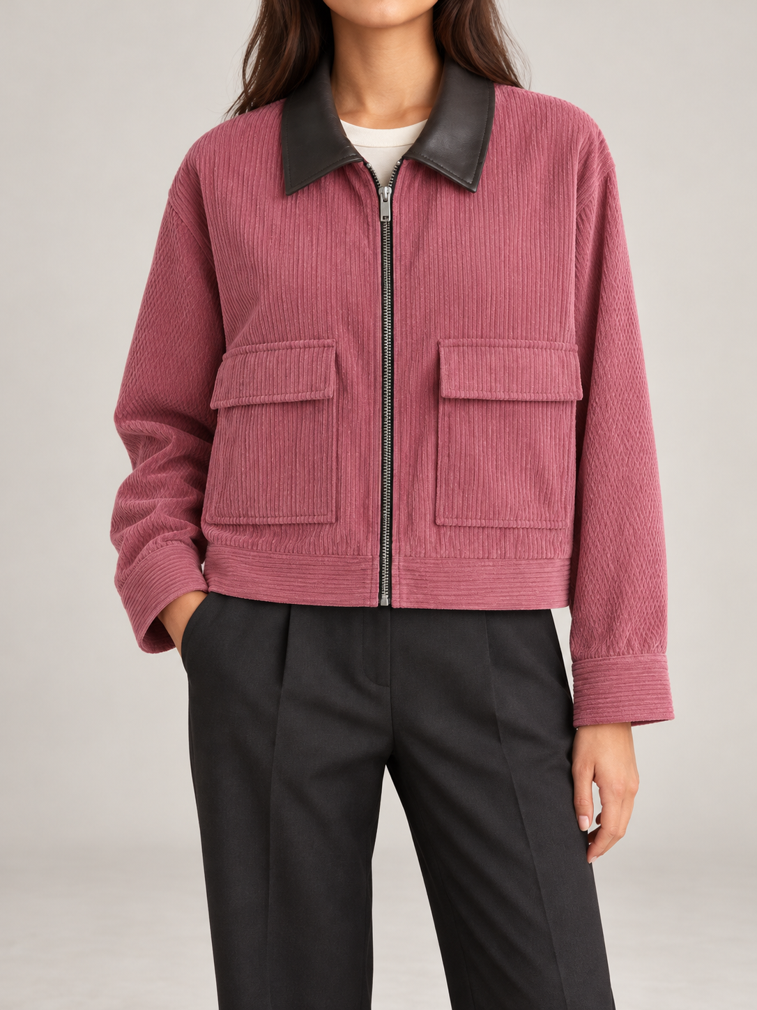 Women's Cropped Corduroy Jacket | Faux Leather Collar