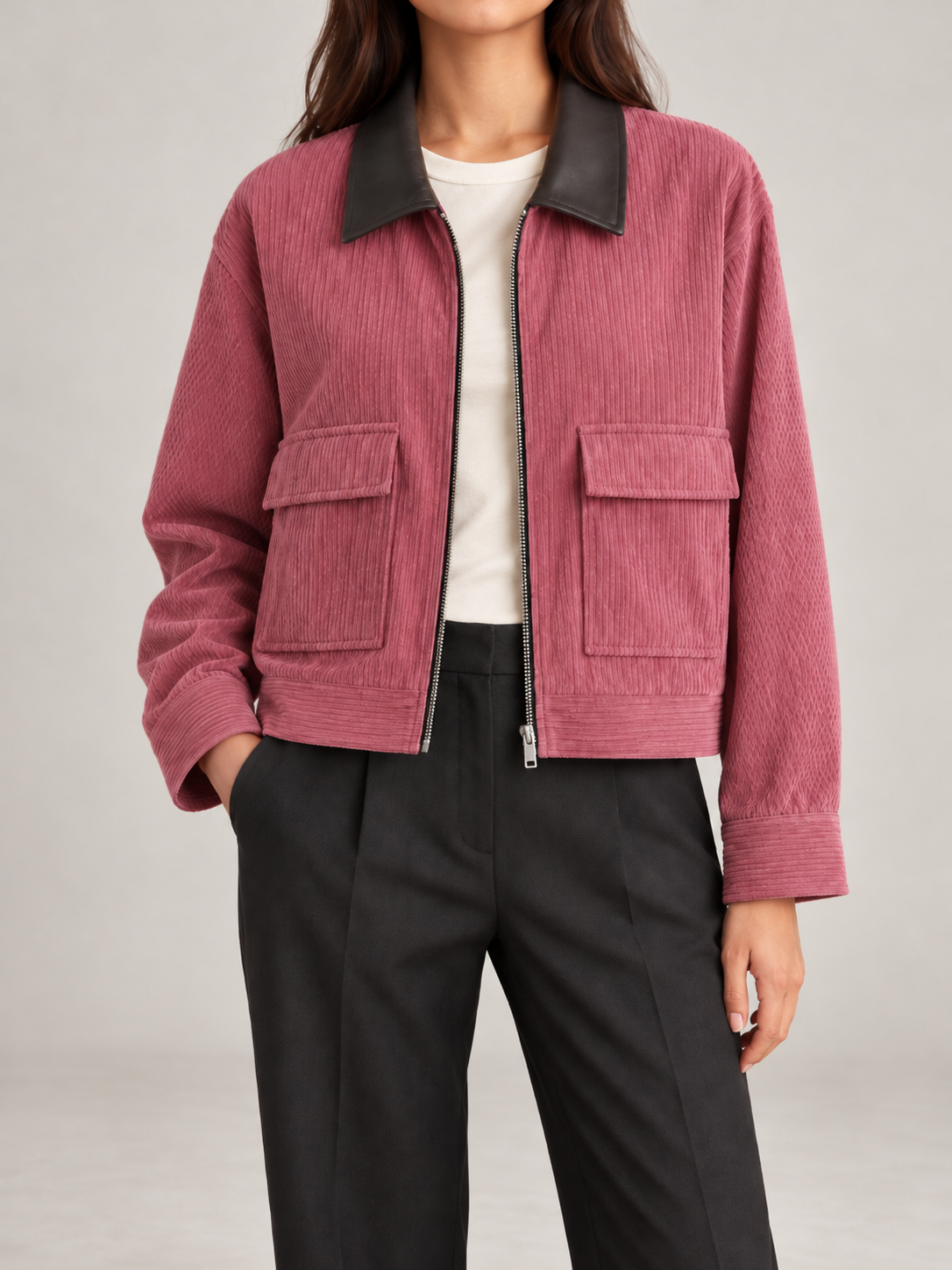 Women's Cropped Corduroy Jacket | Faux Leather Collar