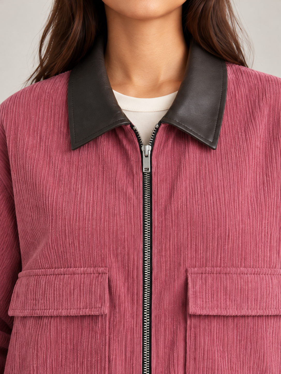 Women's Cropped Corduroy Jacket | Faux Leather Collar