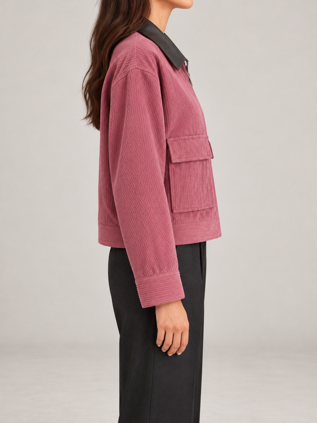 Women's Cropped Corduroy Jacket | Faux Leather Collar
