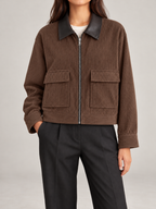 Women's Cropped Corduroy Jacket | Faux Leather Collar