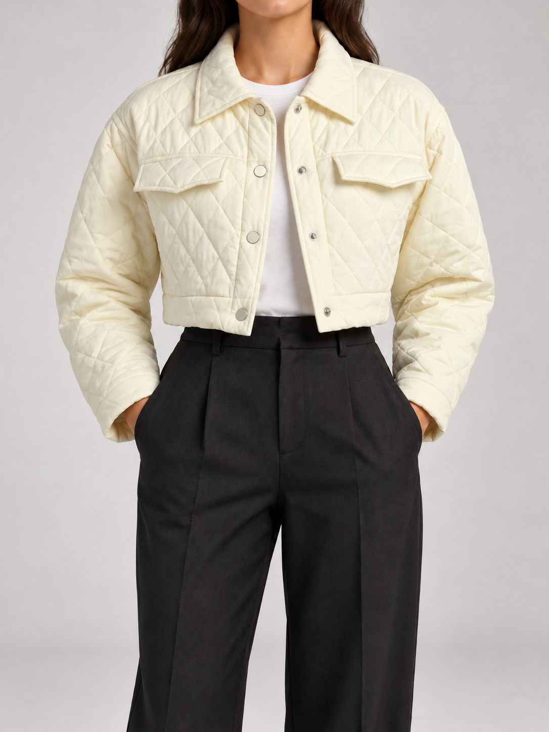 Women's Cropped Quilted Jacket | Collared, Snap Front