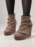 Women's Faux Suede Wedge Ankle Boots | Zip Trim, Buckle Straps