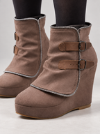 Women's Faux Suede Wedge Ankle Boots | Zip Trim, Buckle Straps