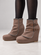 Women's Faux Suede Wedge Ankle Boots | Zip Trim, Buckle Straps
