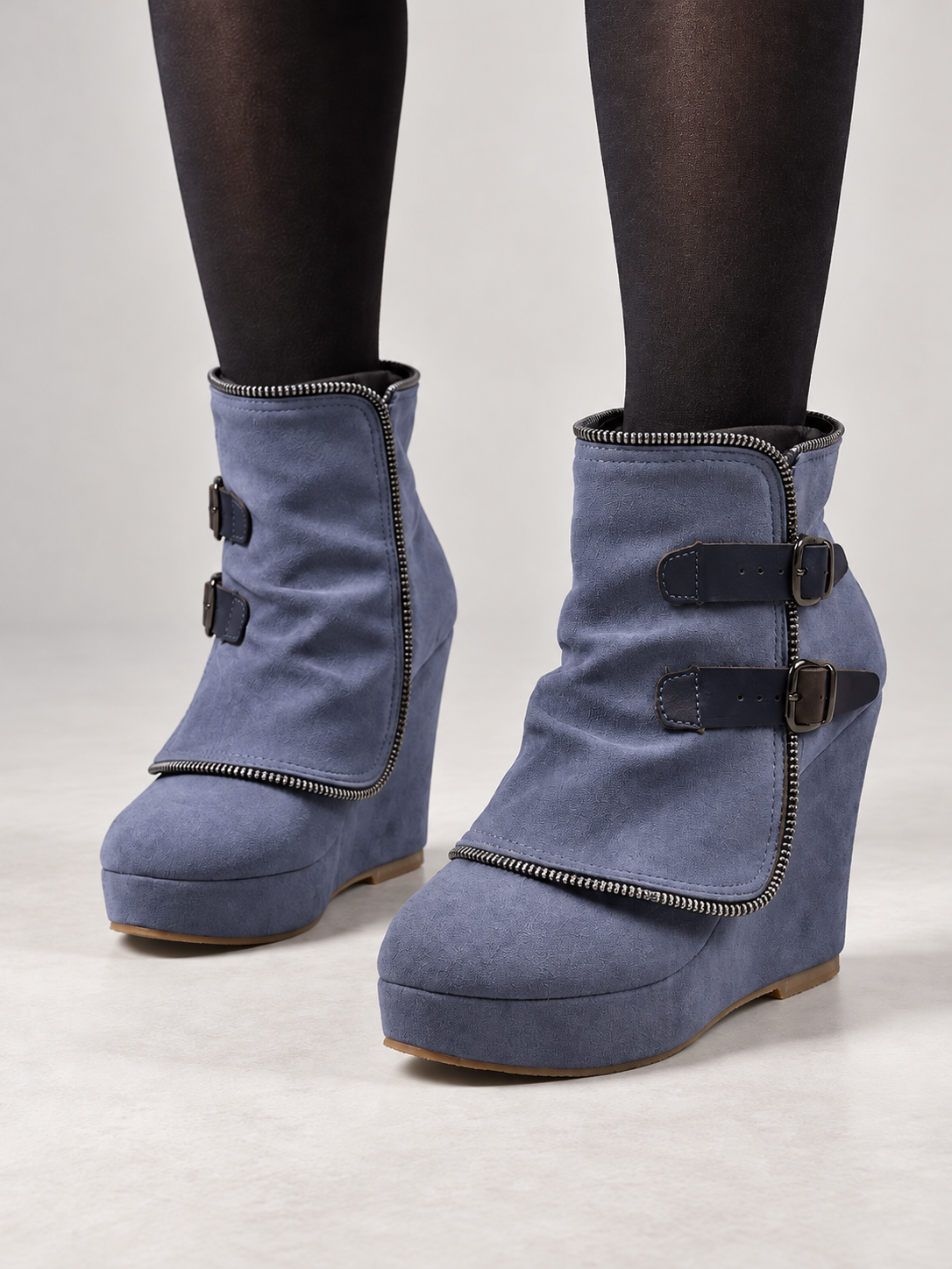 Women's Faux Suede Wedge Ankle Boots | Zip Trim, Buckle Straps