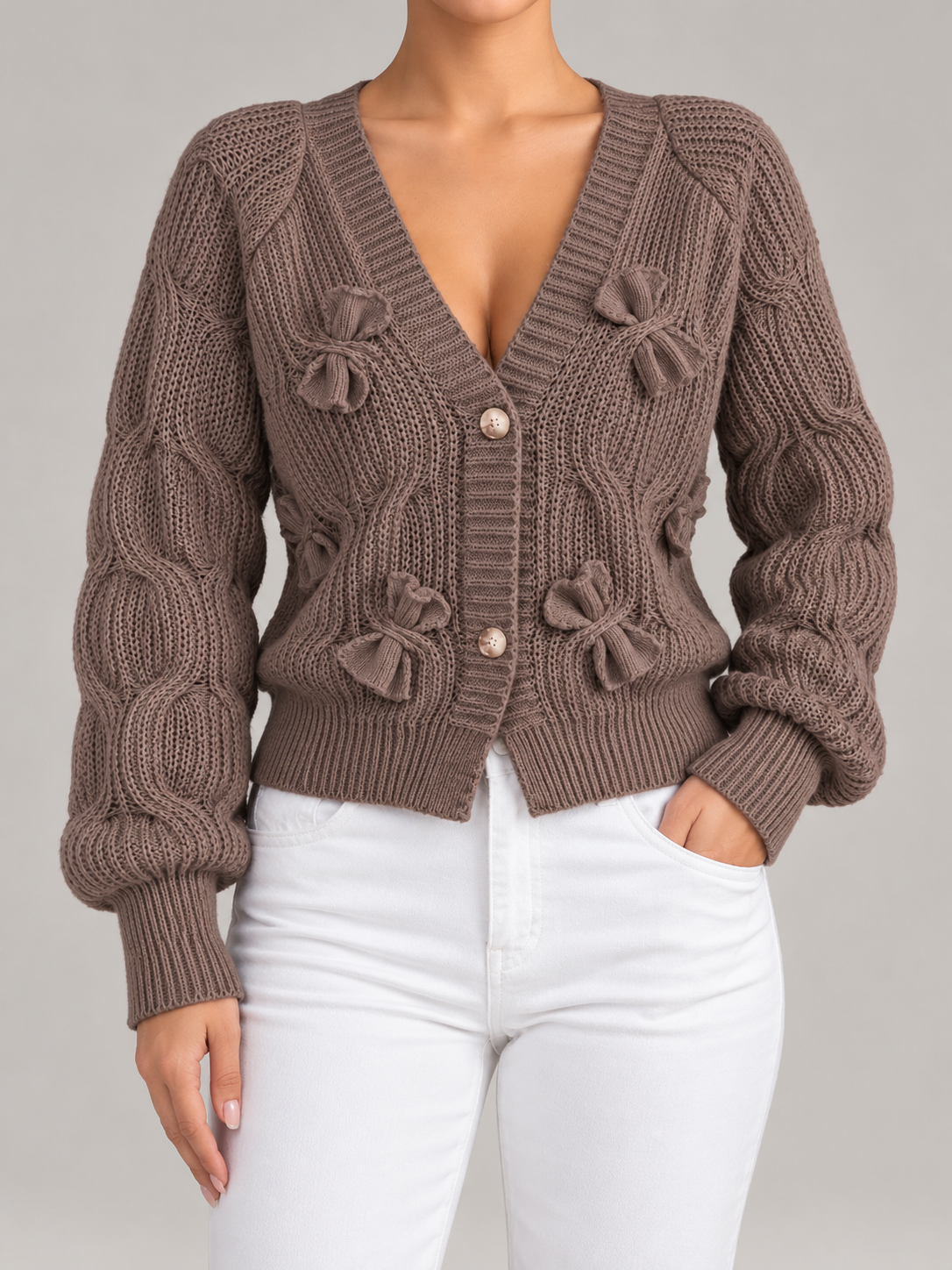 Women's Bow Detail Cable Knit Cardigan | V-Neck, Pearl Buttons