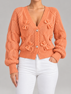 Women's Bow Detail Cable Knit Cardigan | V-Neck, Pearl Buttons