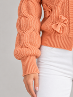 Women's Bow Detail Cable Knit Cardigan | V-Neck, Pearl Buttons