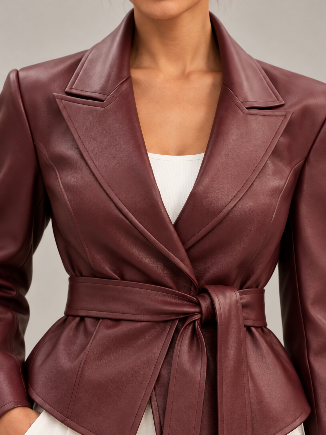 Women's Faux Leather Belted Blazer | Peak Lapel, Tie Waist