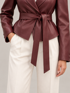 Women's Faux Leather Belted Blazer | Peak Lapel, Tie Waist