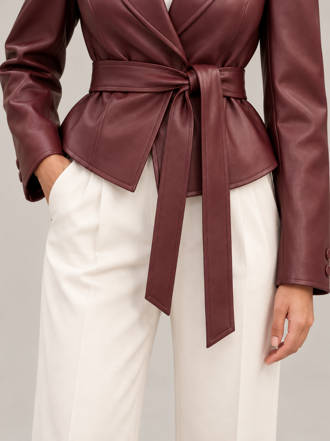 Women's Faux Leather Belted Blazer | Peak Lapel, Tie Waist