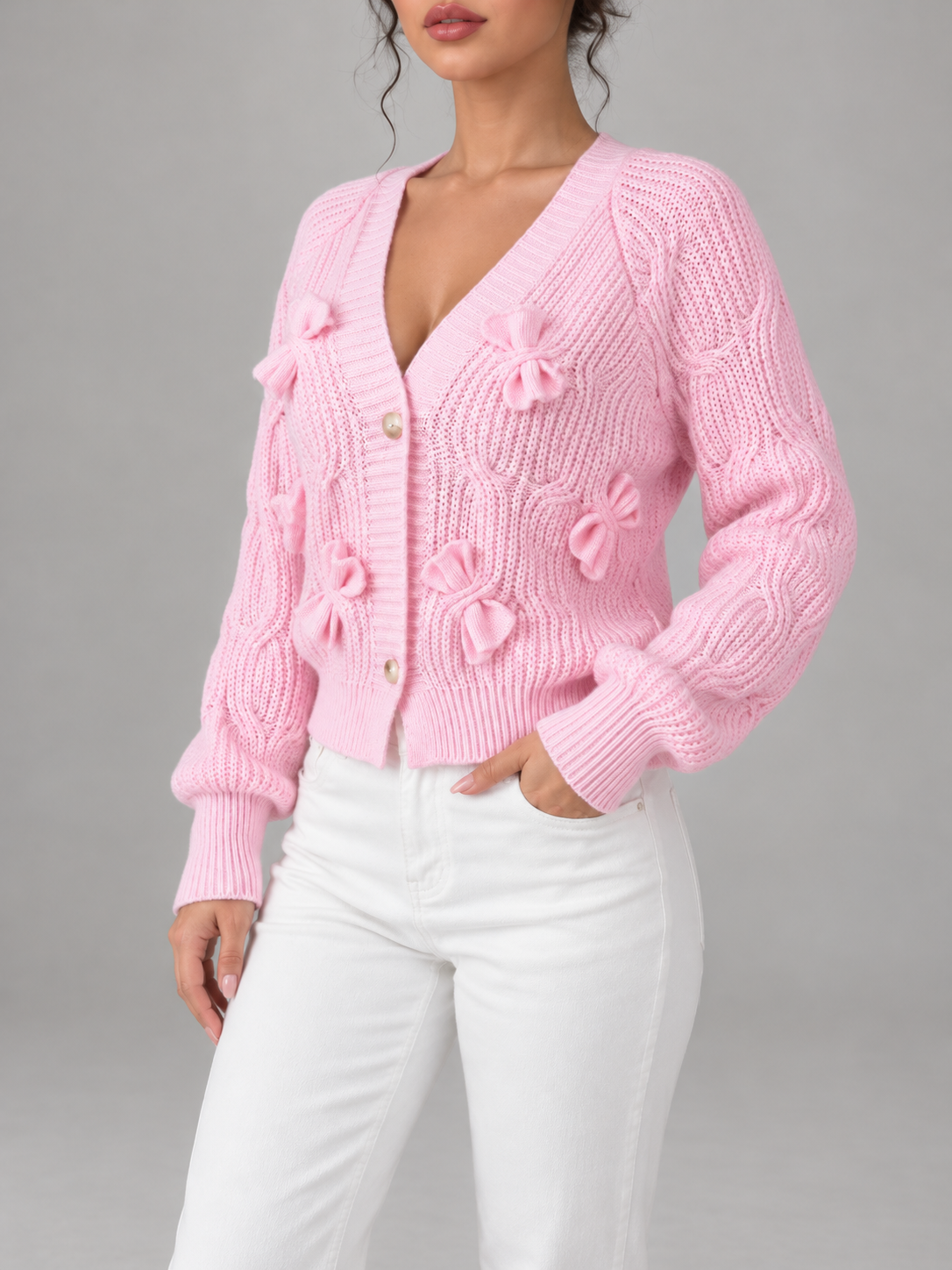 Women's Pink Bow Detail Cable Knit Cardigan | V-Neck, Pearl Buttons
