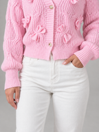 Women's Pink Bow Detail Cable Knit Cardigan | V-Neck, Pearl Buttons
