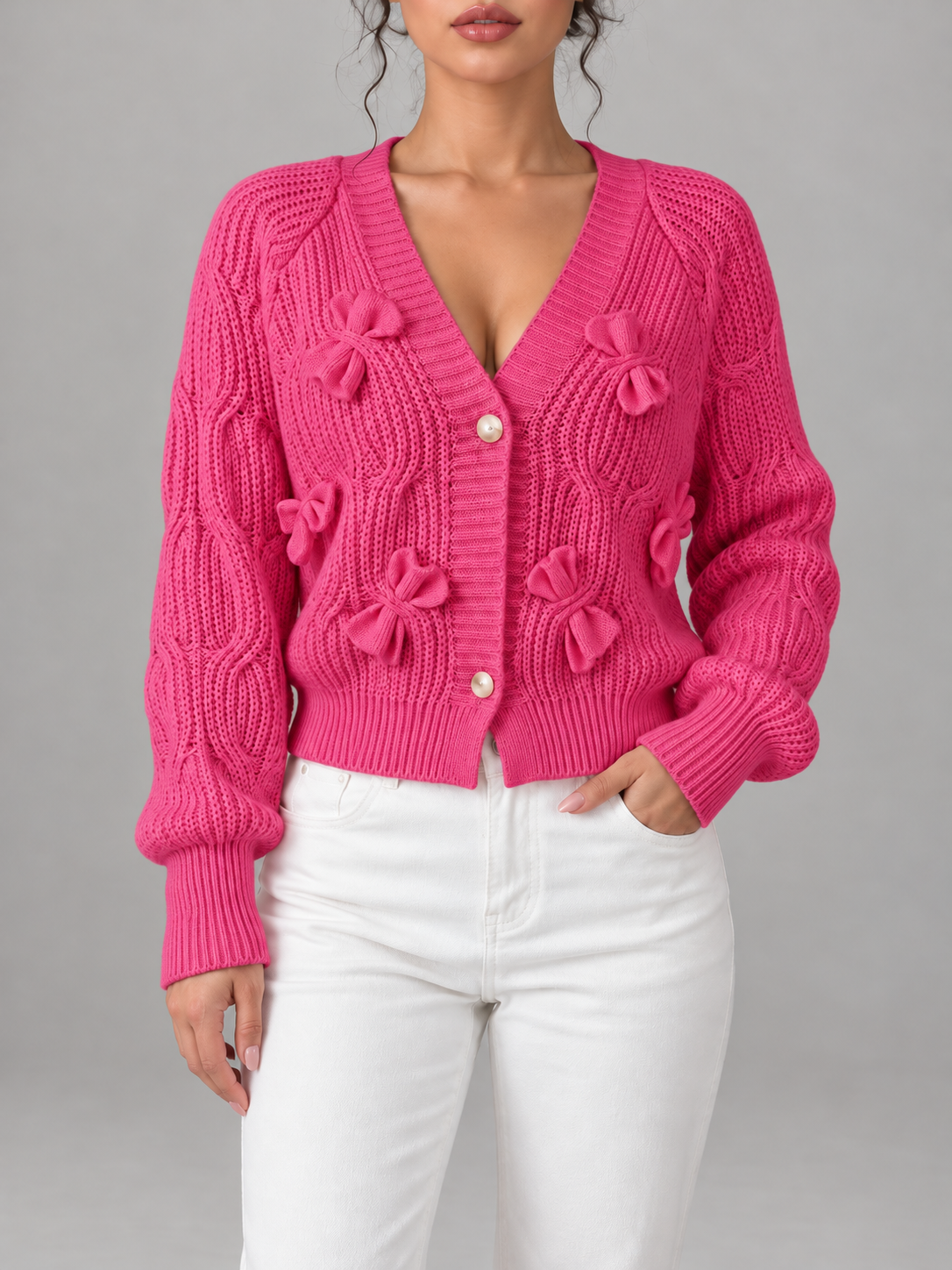 Women's Pink Bow Detail Cable Knit Cardigan | V-Neck, Pearl Buttons