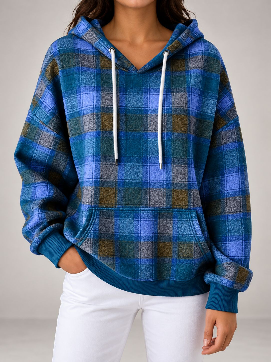 Women's Check Oversized Hoodie | Drawstring Hood, Kangaroo Pocket