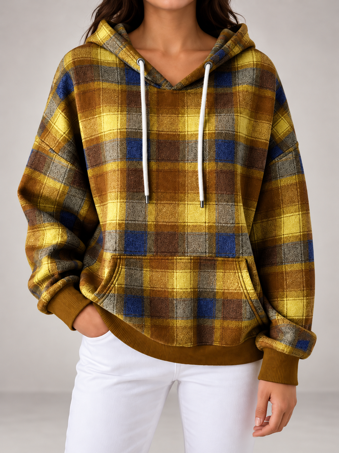 Women's Check Oversized Hoodie | Drawstring Hood, Kangaroo Pocket