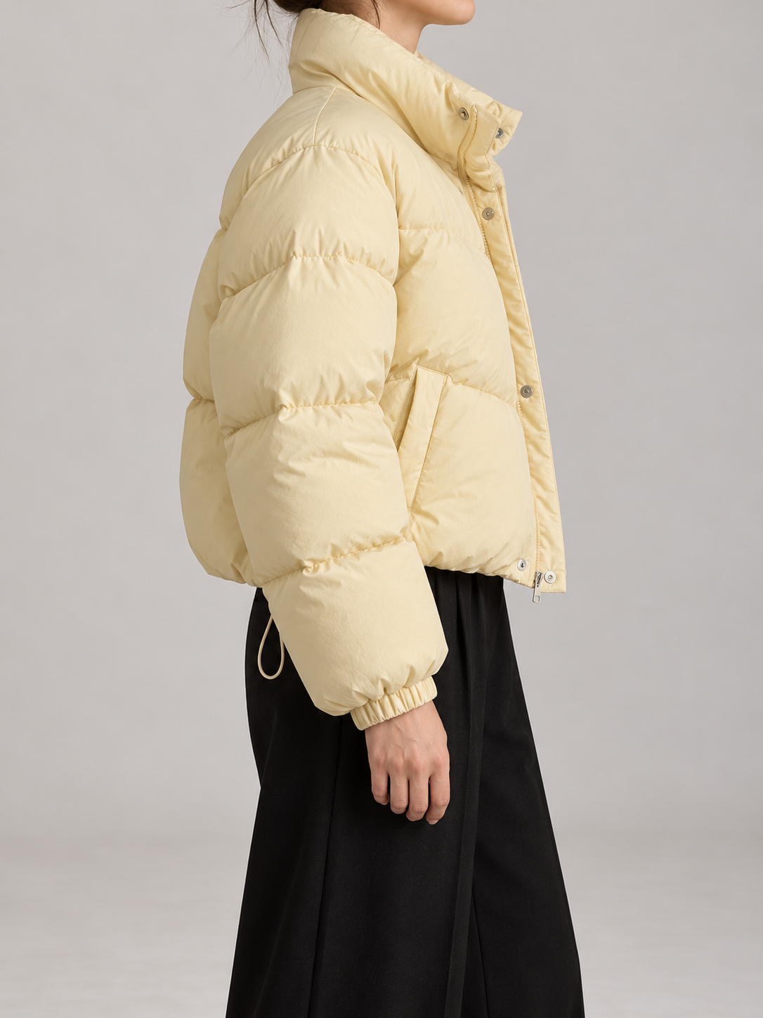 Women's Cropped Puffer Jacket | Stand Collar, Drawstring Hem