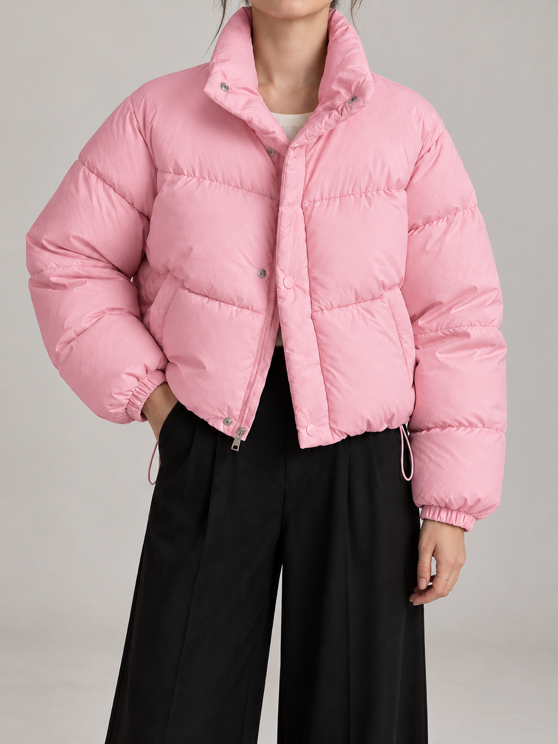 Women's Cropped Puffer Jacket | Stand Collar, Drawstring Hem