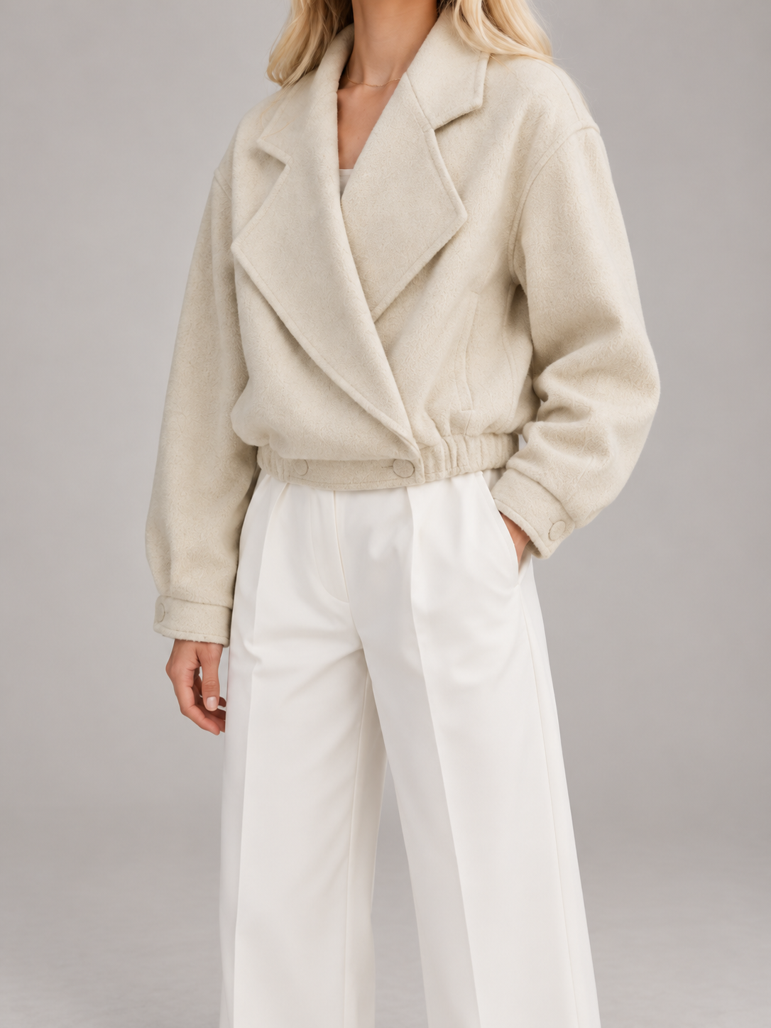 Women's Cropped Wool-Blend Jacket | Blazer Collar, Elasticated Hem
