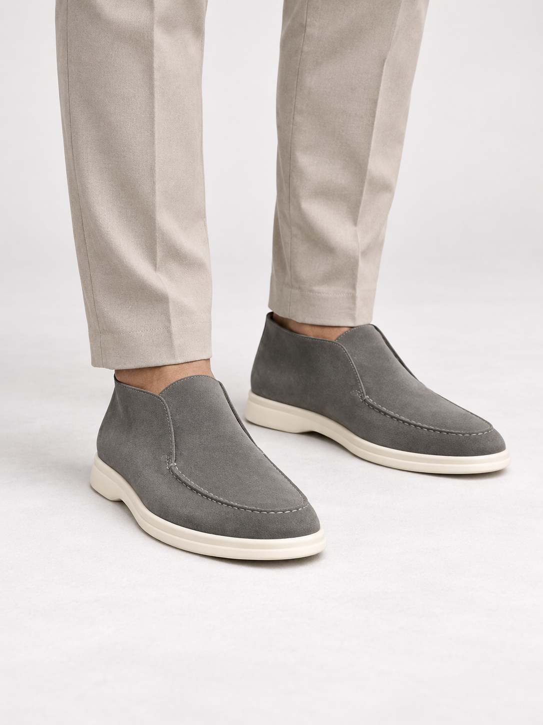 Men's Faux Suede Slip-On Ankle Loafers | Contrast White Sole