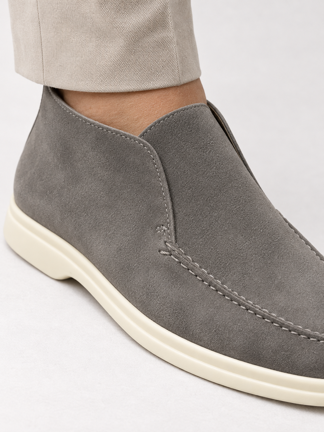 Men's Faux Suede Slip-On Ankle Loafers | Contrast White Sole